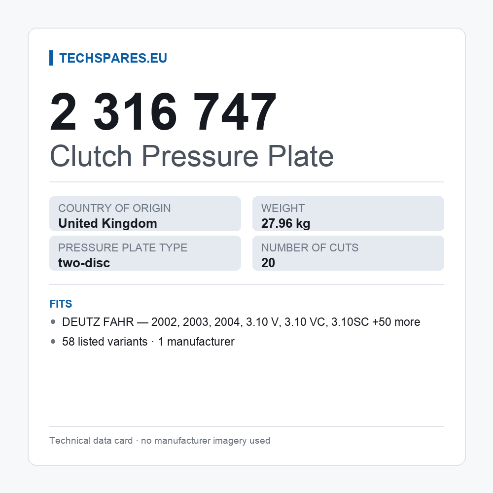 Clutch Pressure Plate 2 316 747 — technical data card