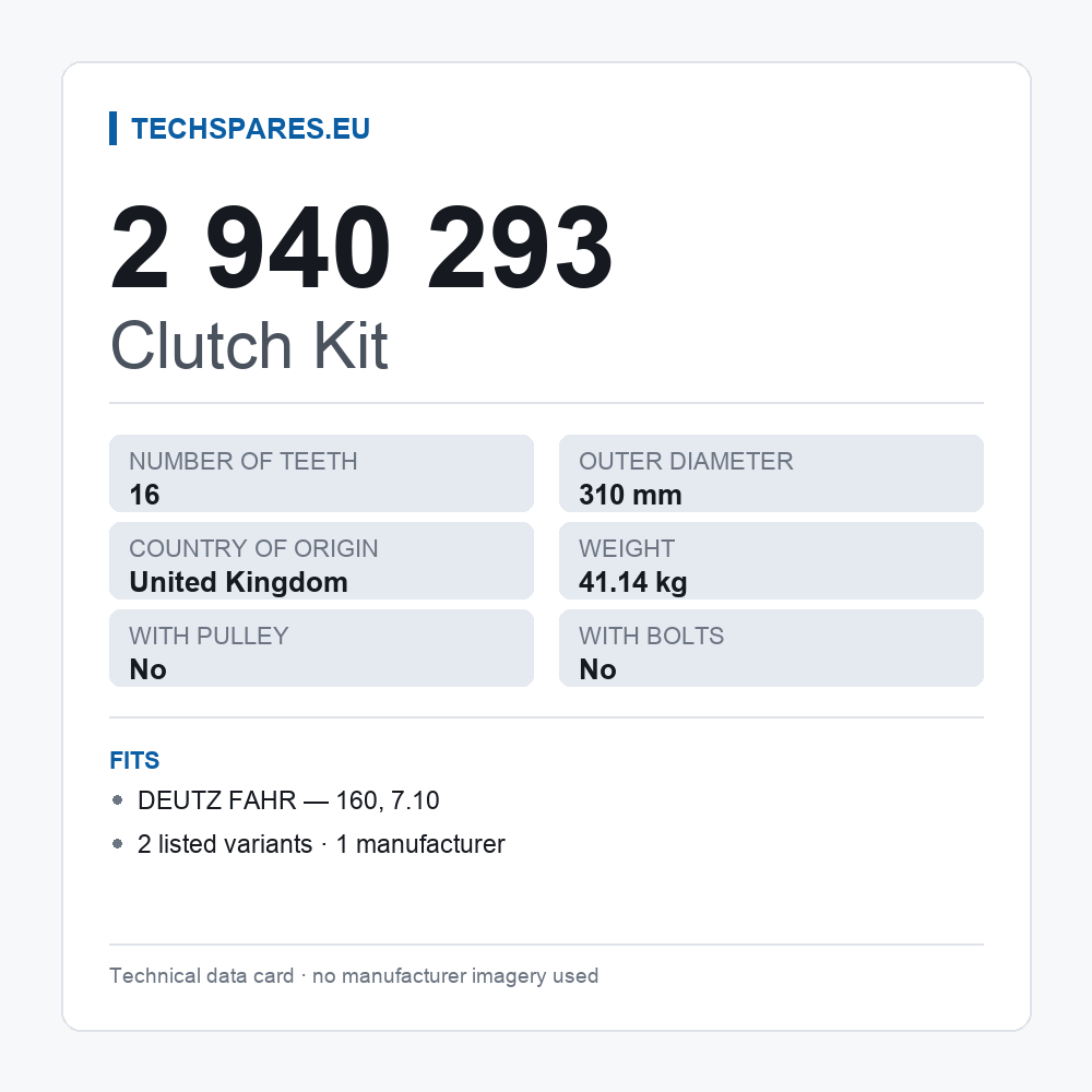 Clutch Kit 2 940 293 — technical data card