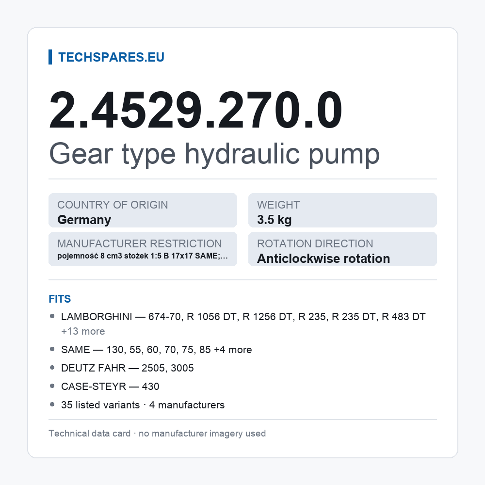 Gear type hydraulic pump 2.4529.270.0 — technical data card
