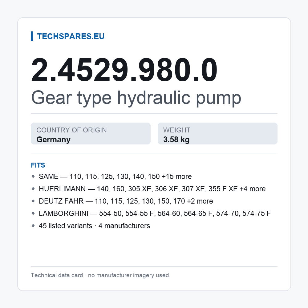 Gear type hydraulic pump 2.4529.980.0 — technical data card
