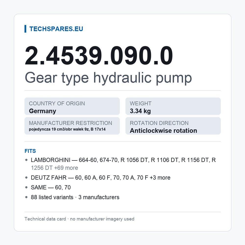 Gear type hydraulic pump 2.4539.090.0 — technical data card