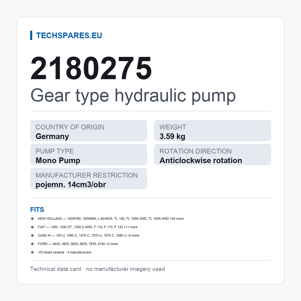 Gear type hydraulic pump 2180275 — technical data card