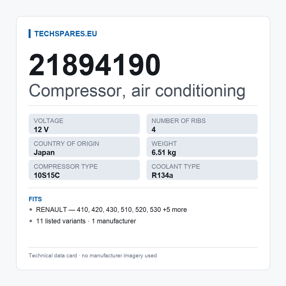 Compressor, air conditioning 21894190 — technical data card