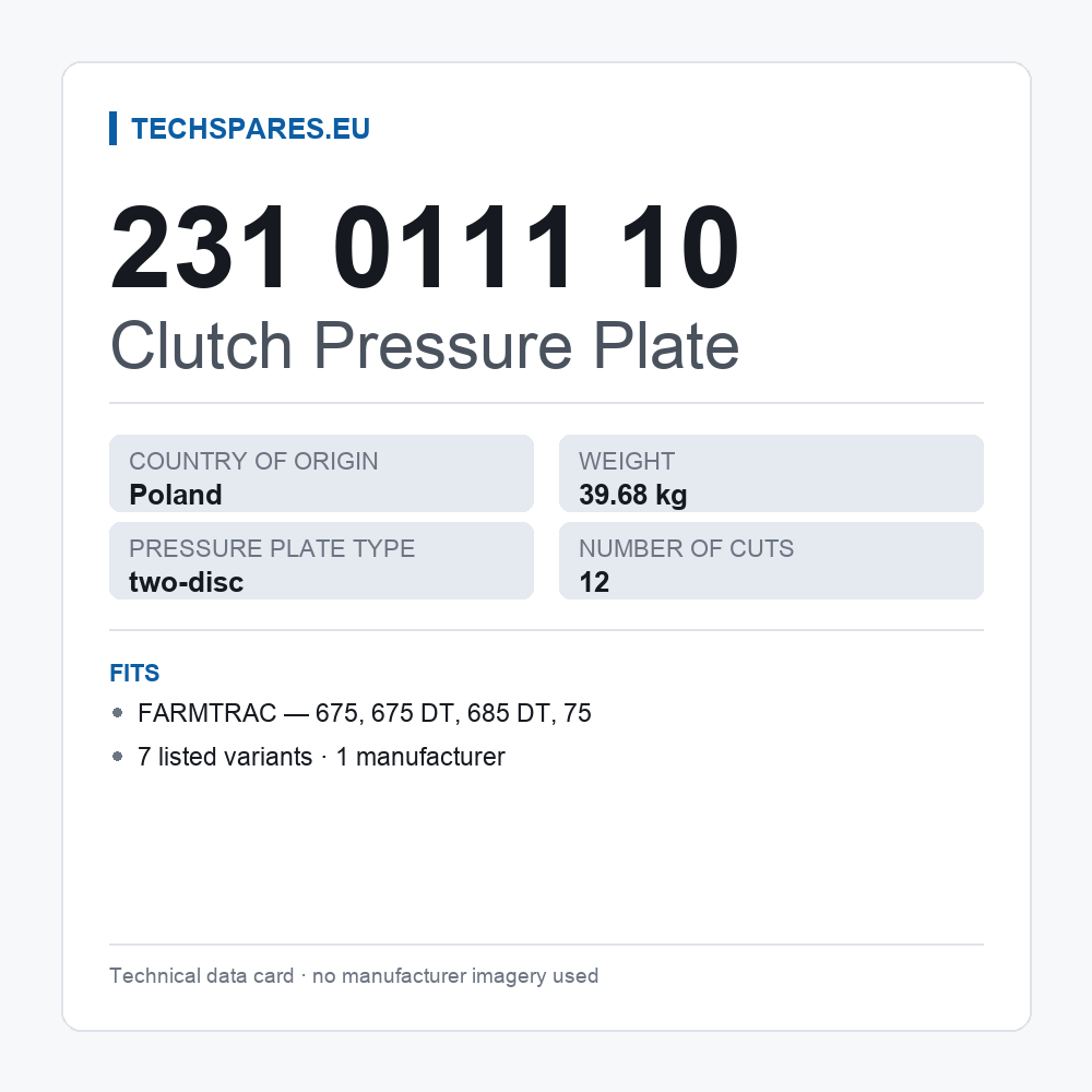 Clutch Pressure Plate 231 0111 10 — technical data card