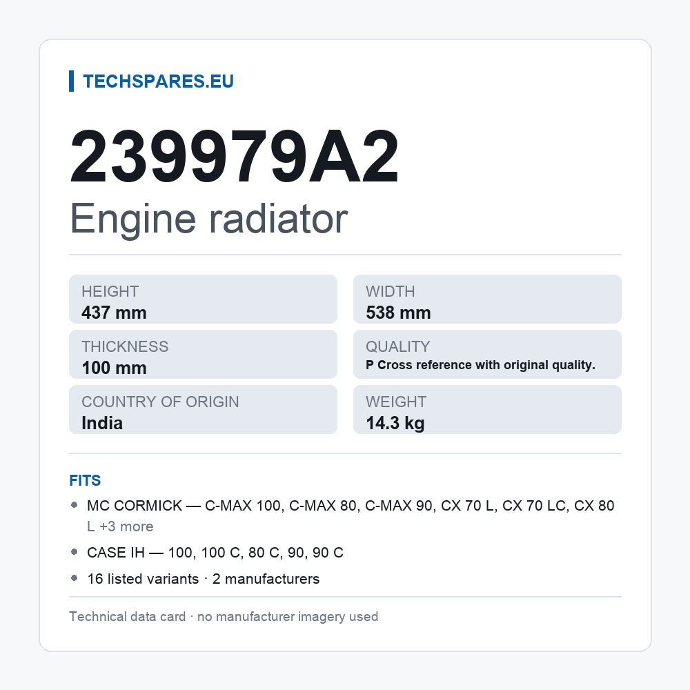 Engine radiator 239979A2 — technical data card
