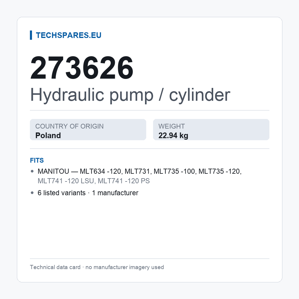Hydraulic pump / cylinder 273626 — technical data card