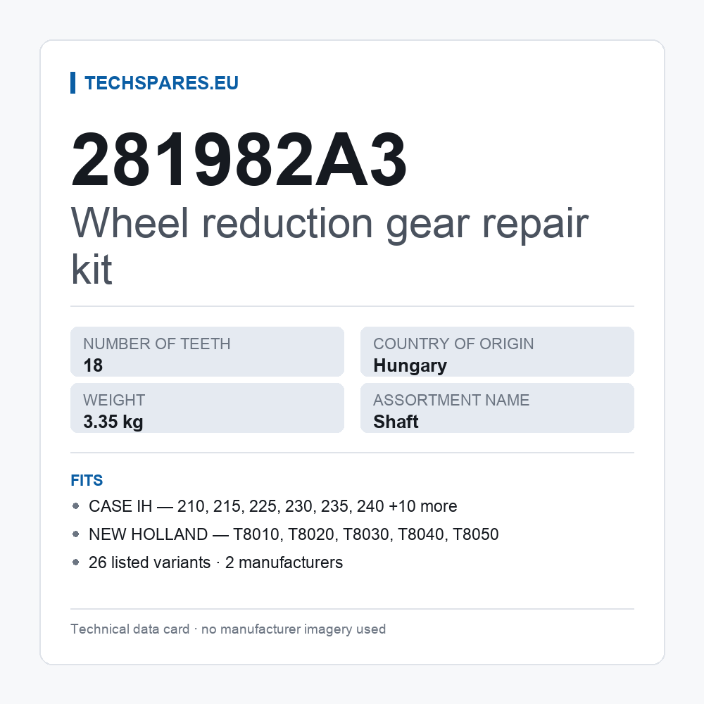 Wheel reduction gear repair kit 281982A3 — technical data card