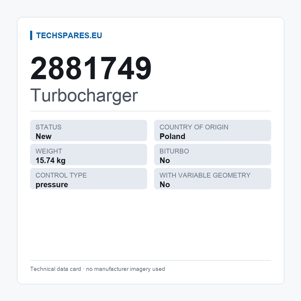 Turbocharger 2881749 — technical data card