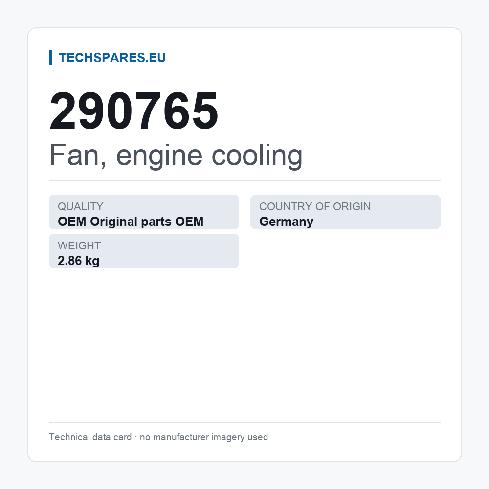 Fan, engine cooling 290765 — technical data card