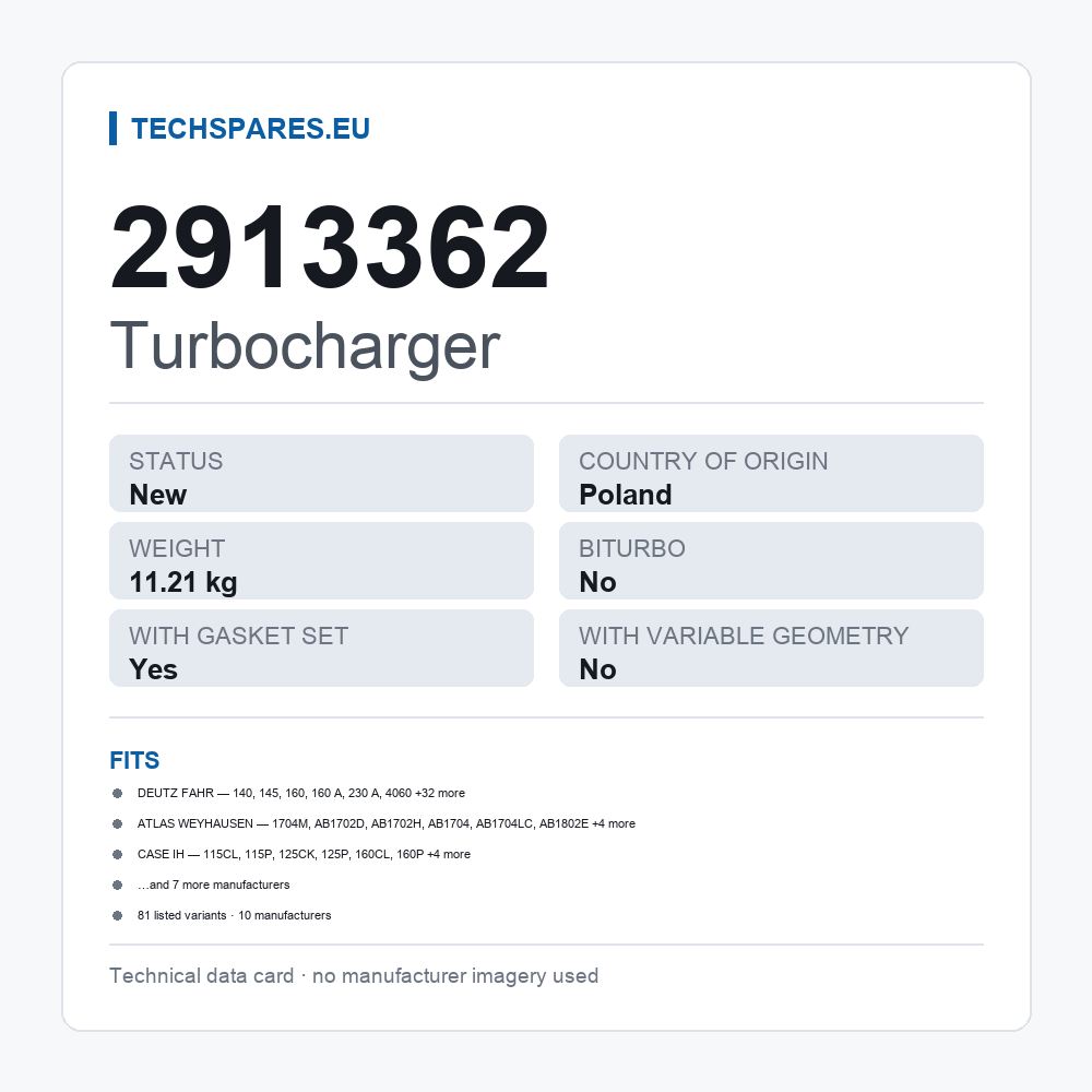 Turbocharger 2913362 — technical data card