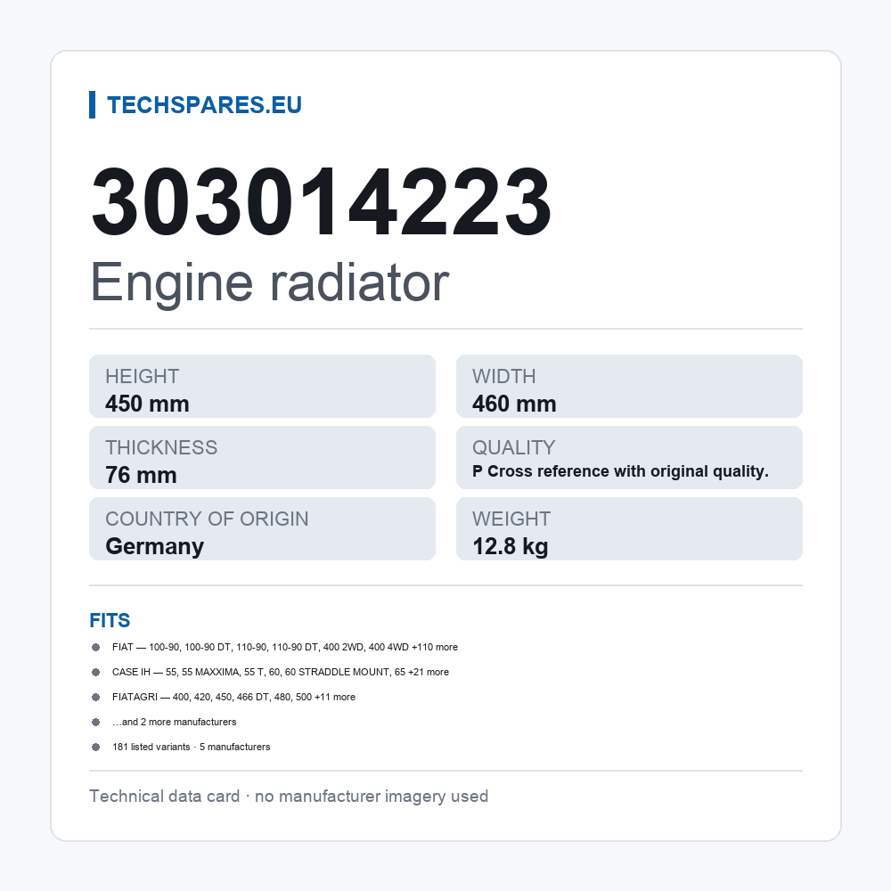 Engine radiator 303014223 — technical data card
