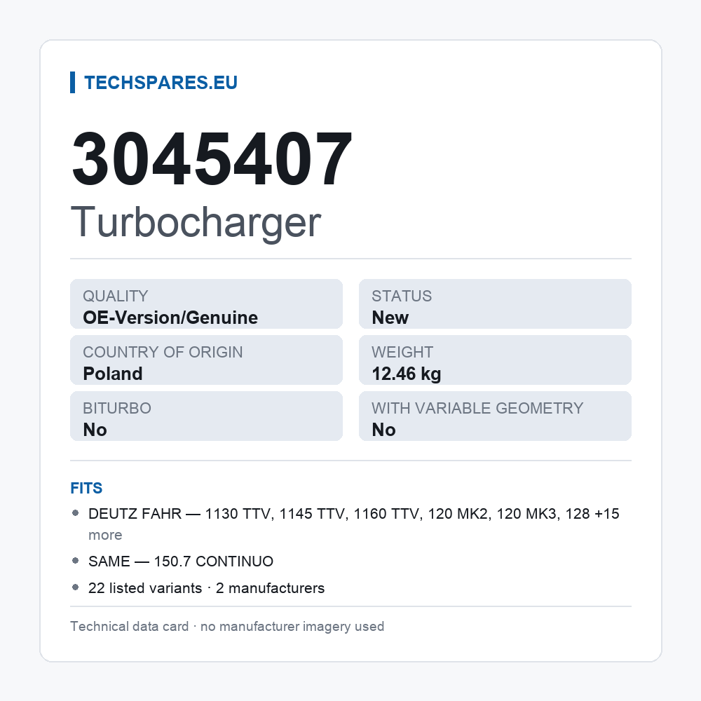 Turbocharger 3045407 — technical data card