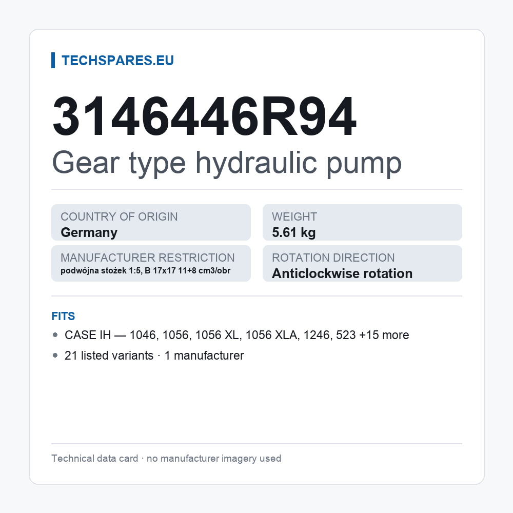 Gear type hydraulic pump 3146446R94 — technical data card