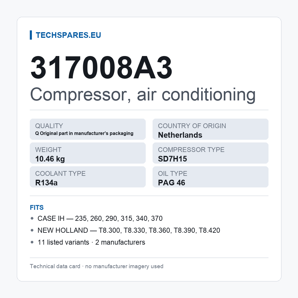 Compressor, air conditioning 317008A3 — technical data card