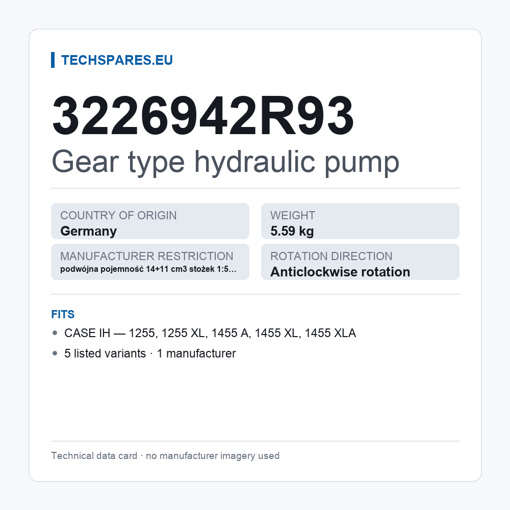 Gear type hydraulic pump 3226942R93 — technical data card