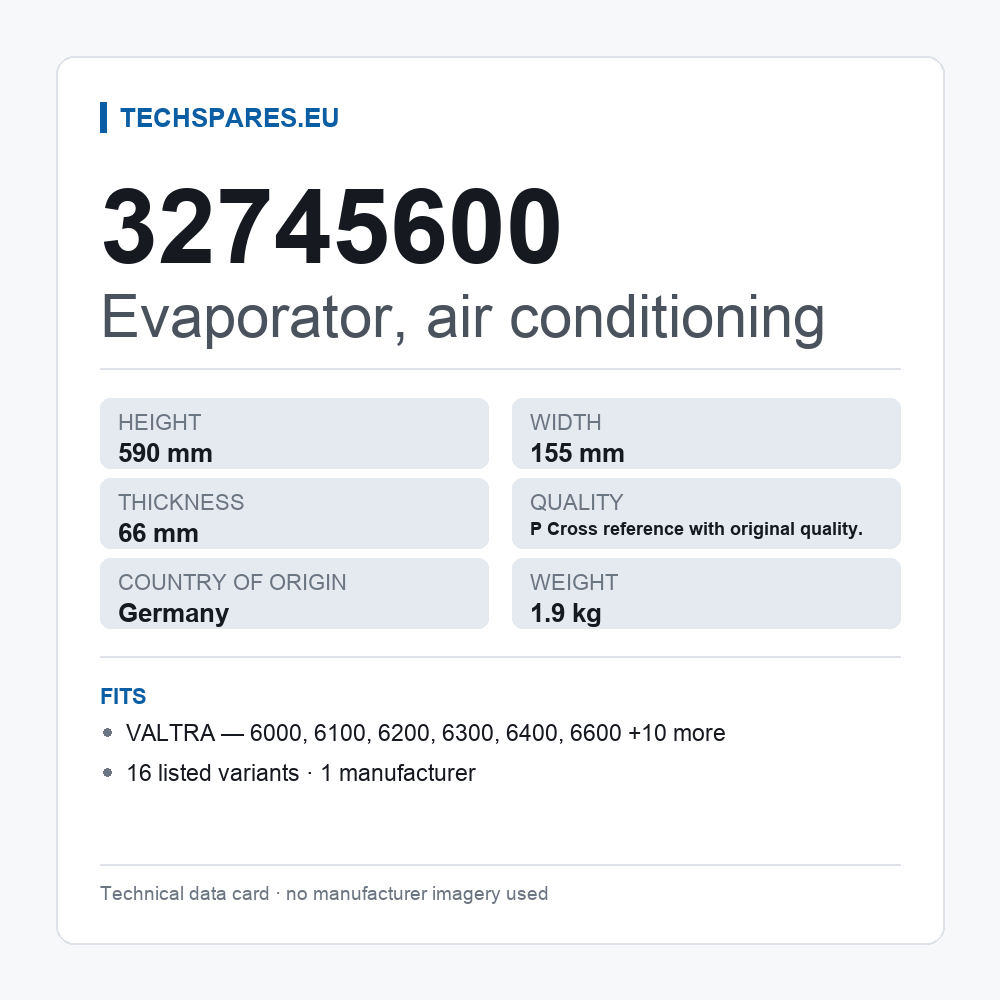 Evaporator, air conditioning 32745600 — technical data card