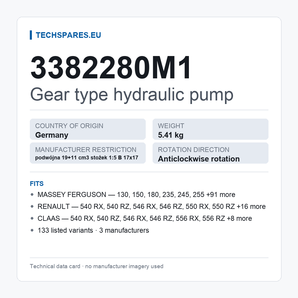 Gear type hydraulic pump 3382280M1 — technical data card