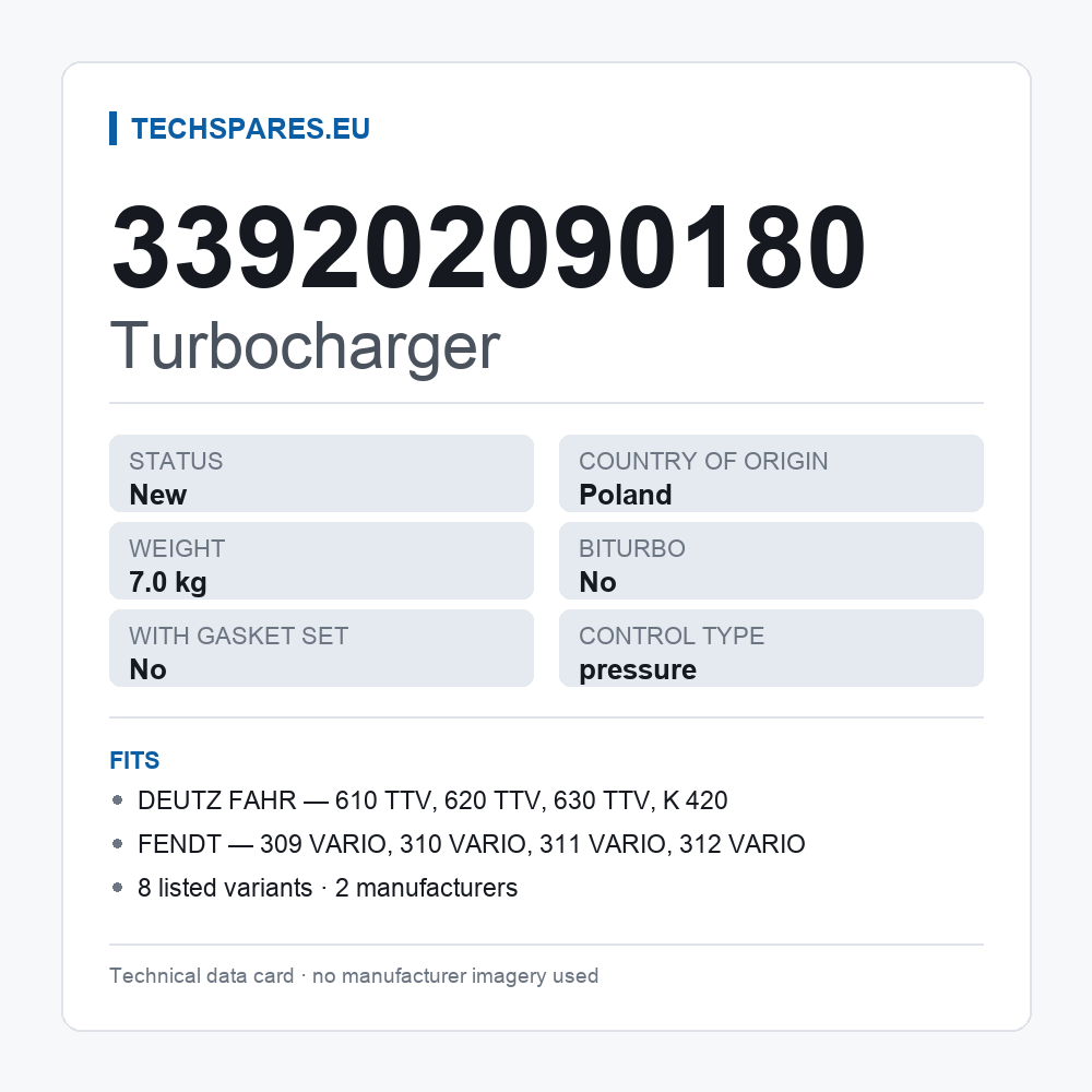 Turbocharger 339202090180 — technical data card