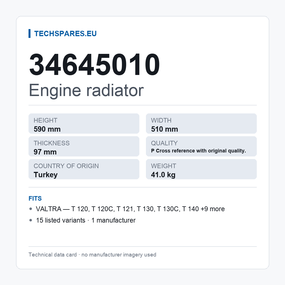 Engine radiator 34645010 — technical data card