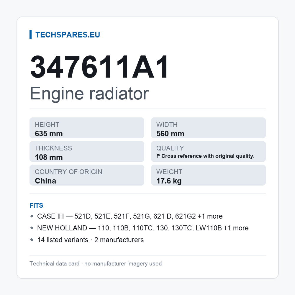 Engine radiator 347611A1 — technical data card