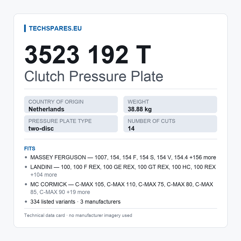 Clutch Pressure Plate 3523 192 T — technical data card