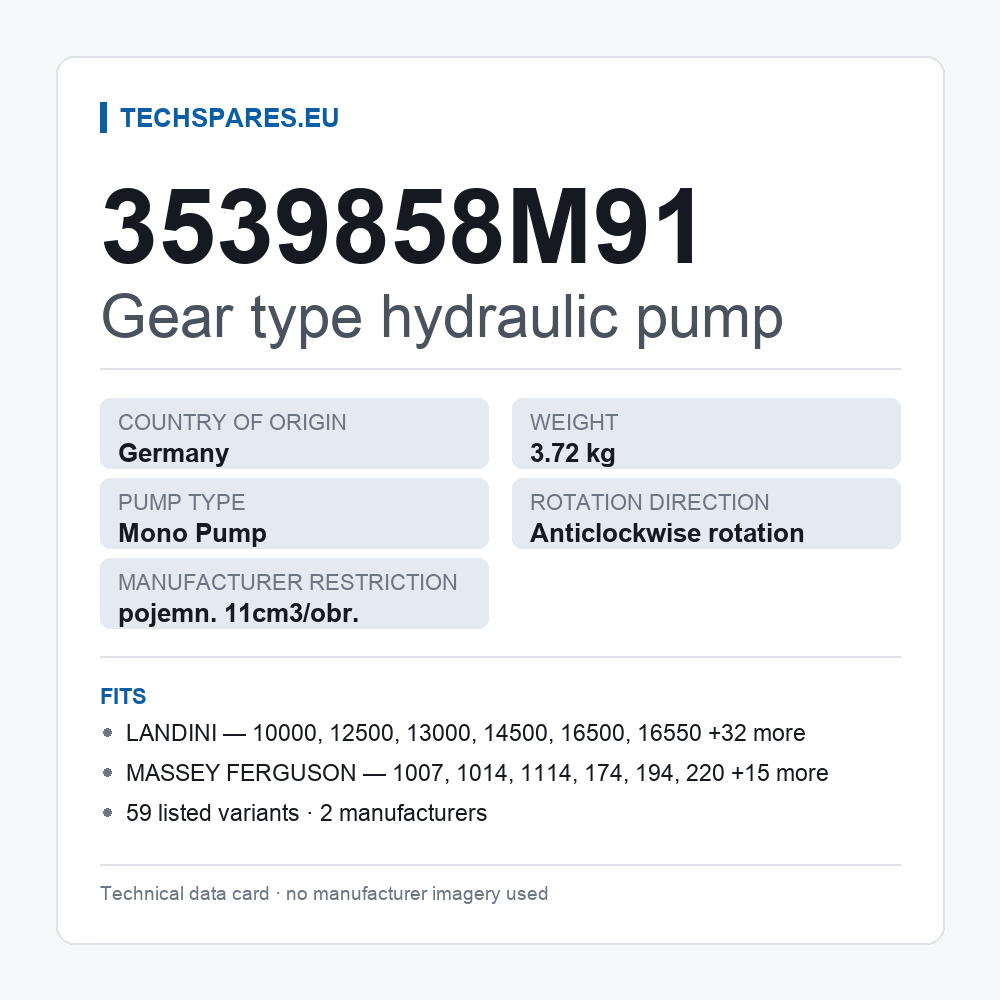 Gear type hydraulic pump 3539858M91 — technical data card