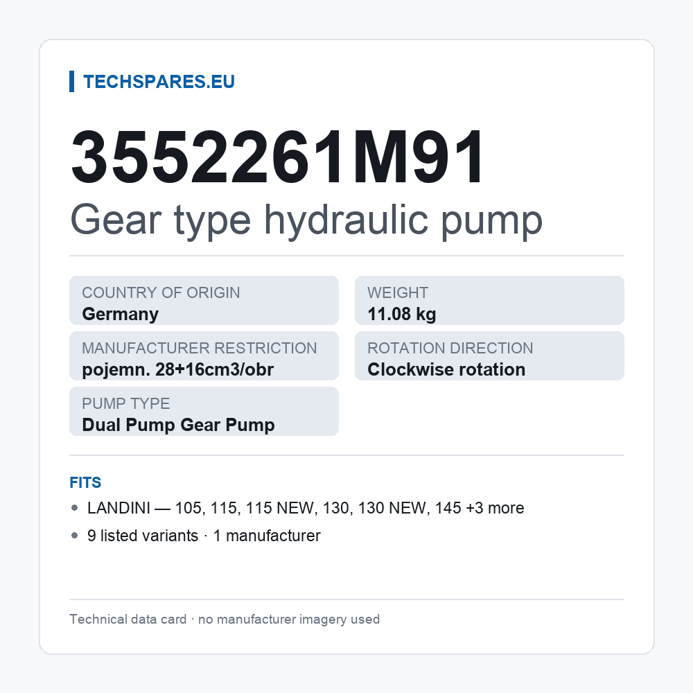 Gear type hydraulic pump 3552261M91 — technical data card