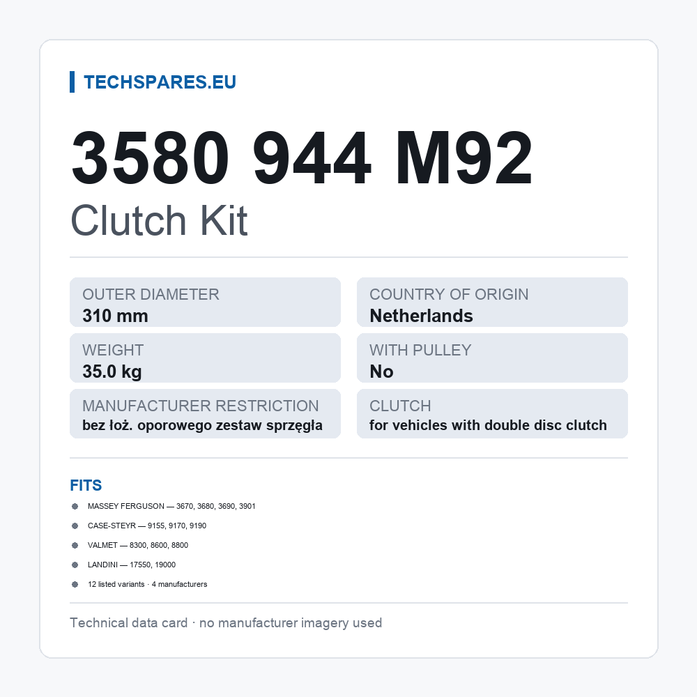Clutch Kit 3580 944 M92 — technical data card