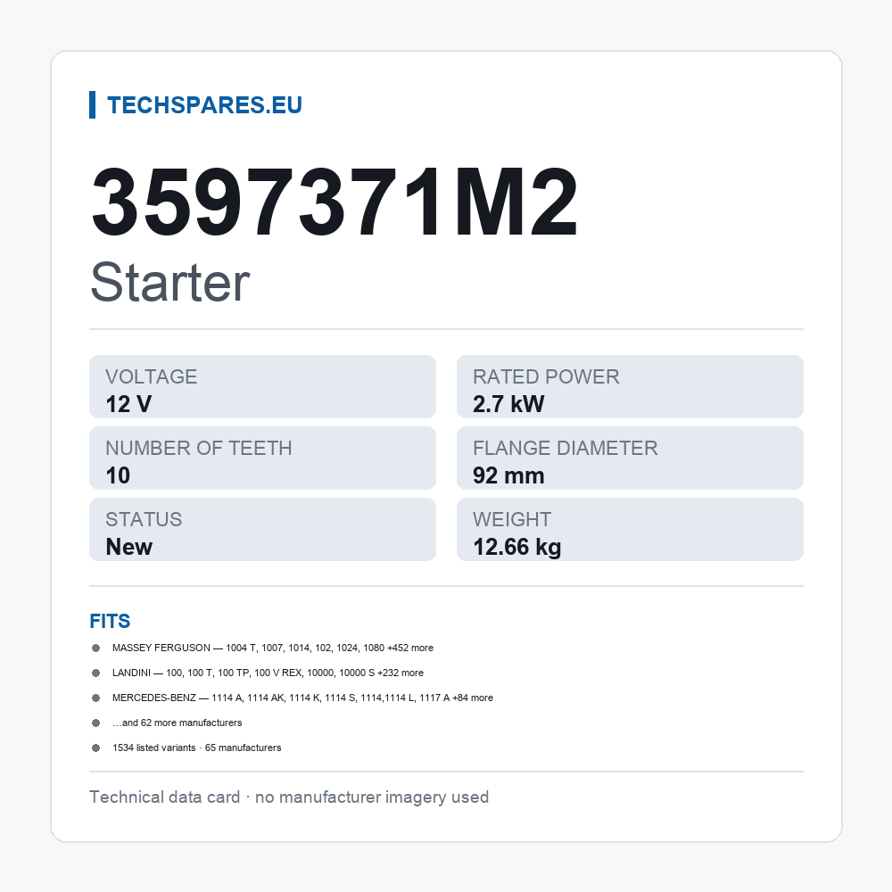 Starter 3597371M2 — technical data card