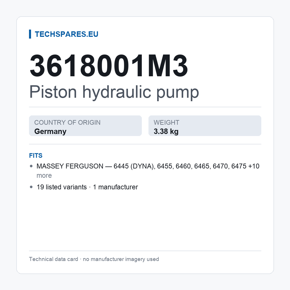 Piston hydraulic pump 3618001M3 — technical data card