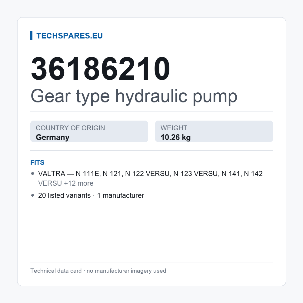 Gear type hydraulic pump 36186210 — technical data card