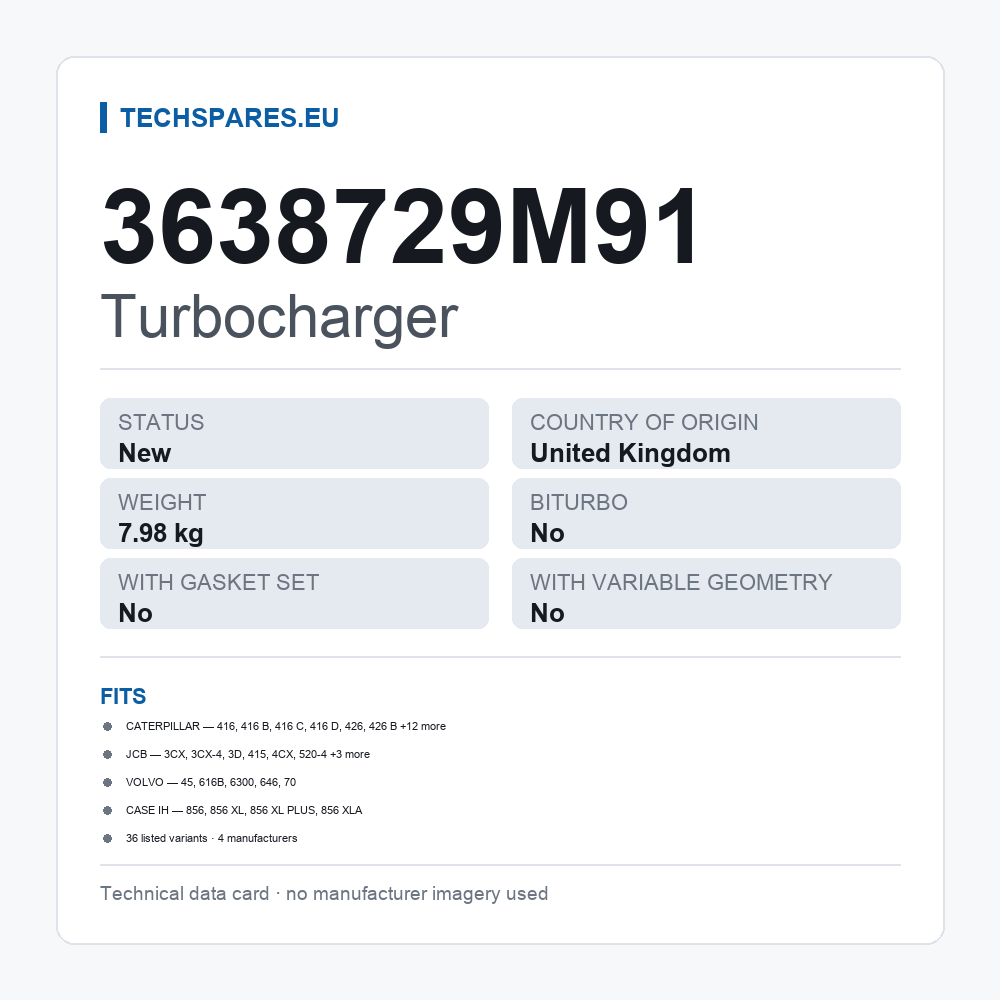 Turbocharger 3638729M91 — technical data card