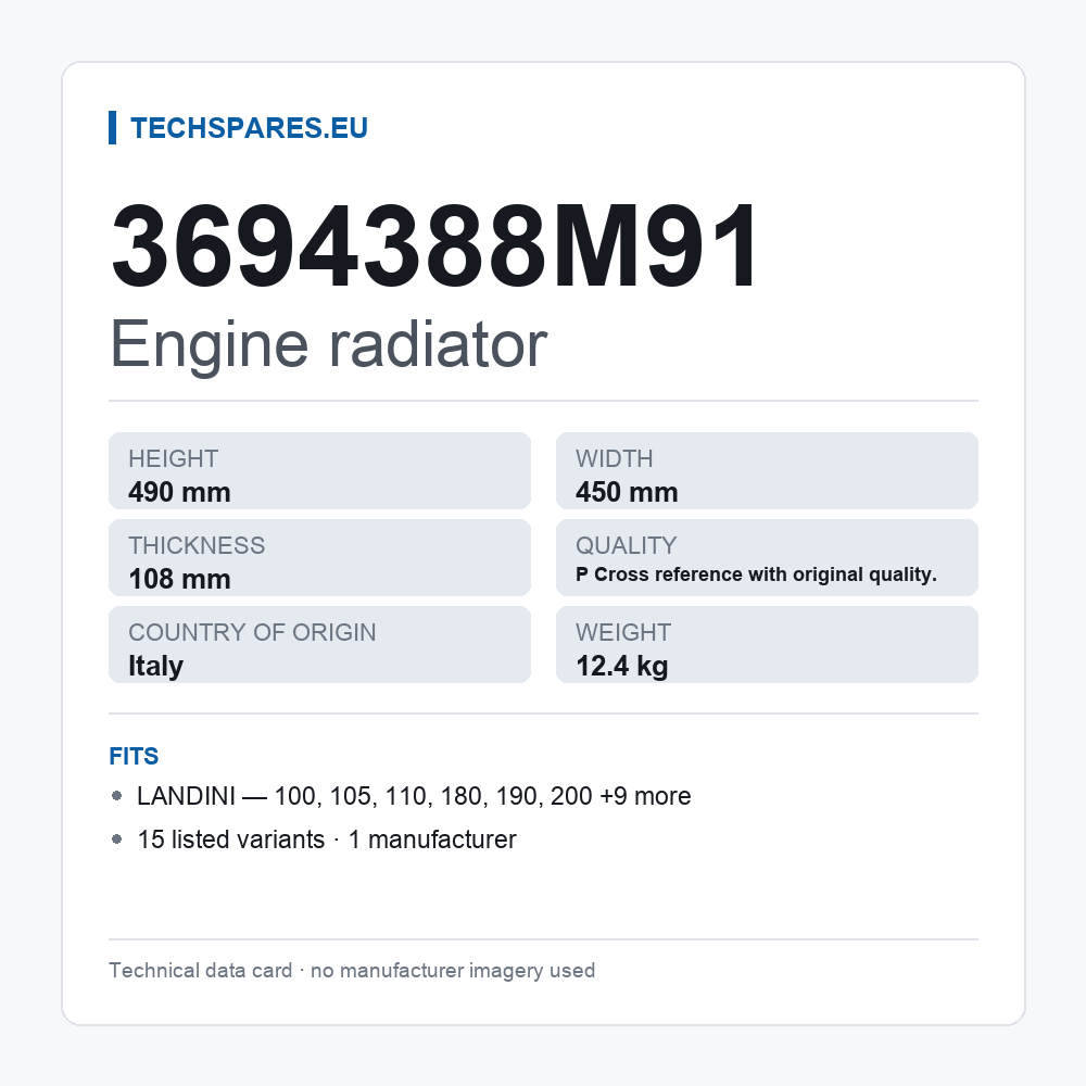 Engine radiator 3694388M91 — technical data card