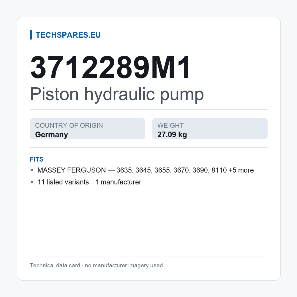 Piston hydraulic pump 3712289M1 — technical data card