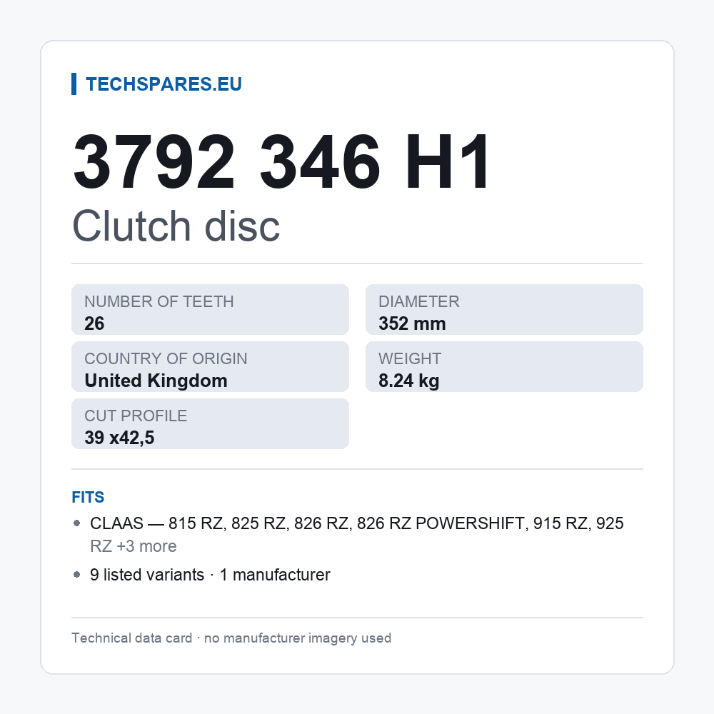 Clutch disc 3792 346 H1 — technical data card