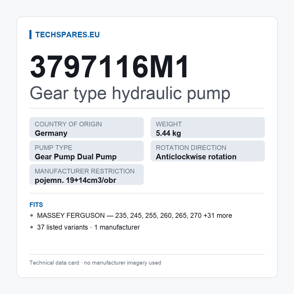 Gear type hydraulic pump 3797116M1 — technical data card