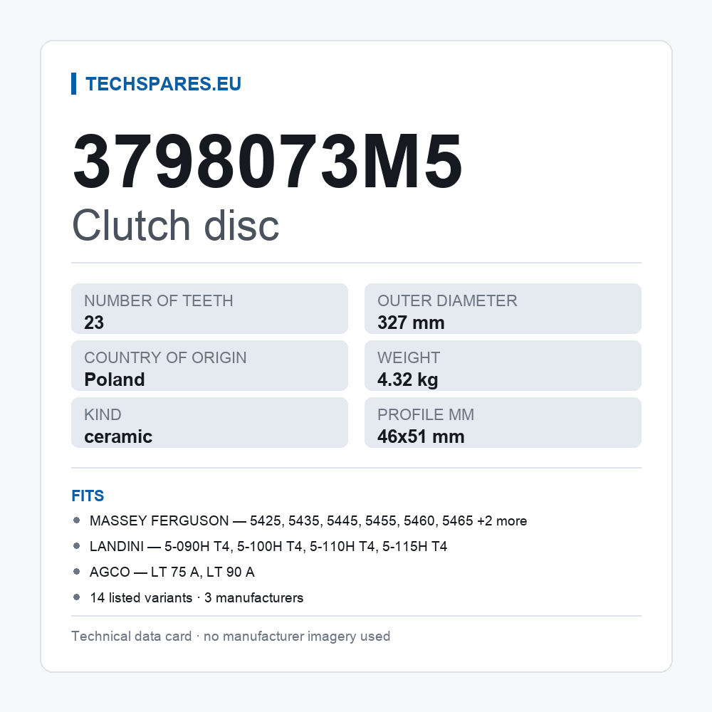 Clutch disc 3798073M5 — technical data card
