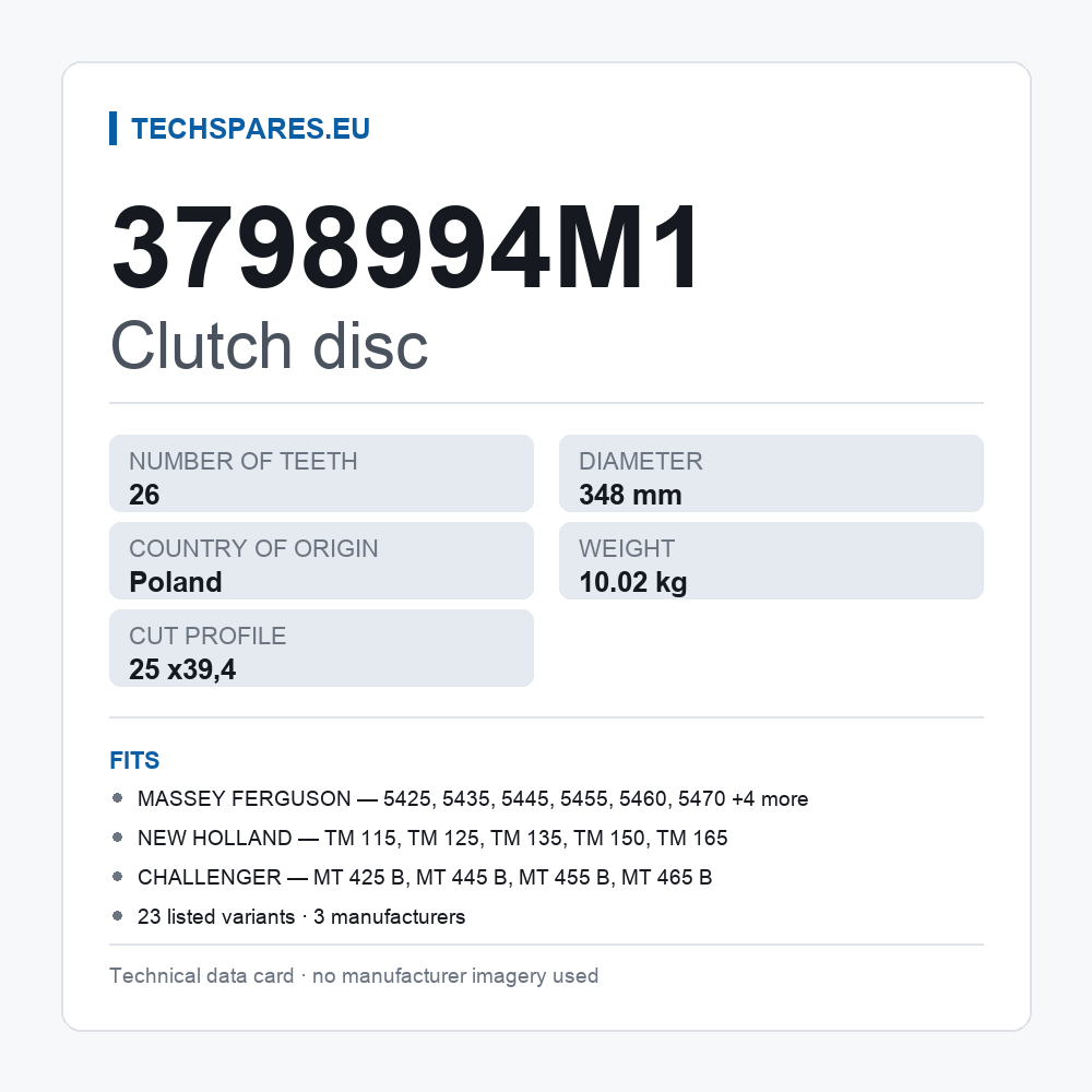 Clutch disc 3798994M1 — technical data card