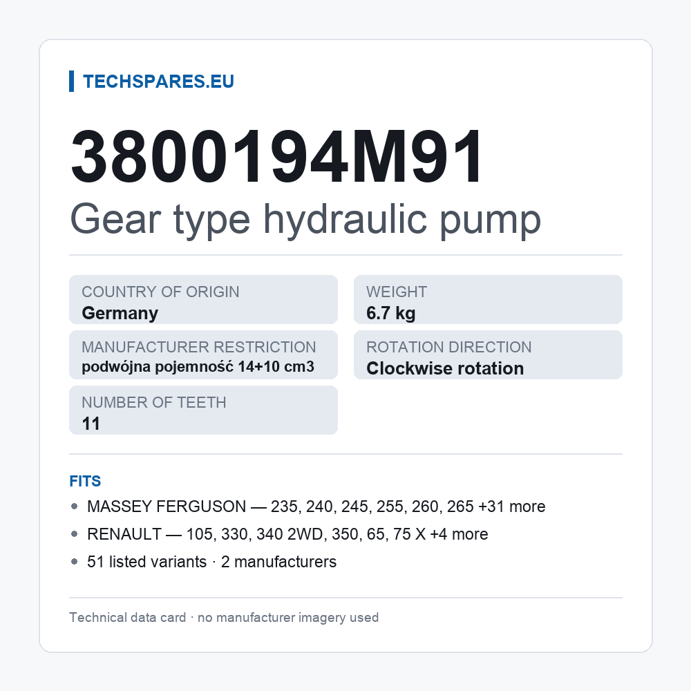 Gear type hydraulic pump 3800194M91 — technical data card
