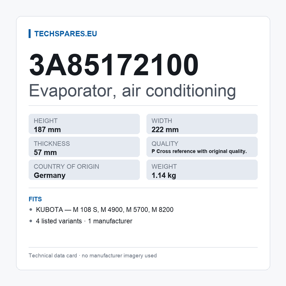 Evaporator, air conditioning 3A85172100 — technical data card