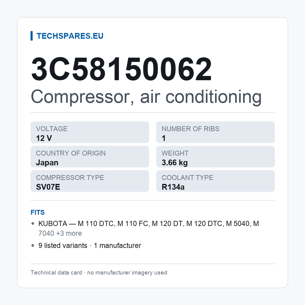 Compressor, air conditioning 3C58150062 — technical data card