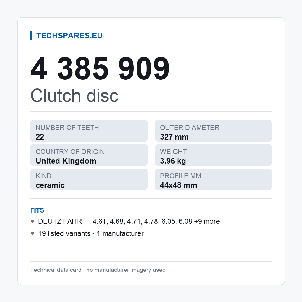 Clutch disc 4 385 909 — technical data card