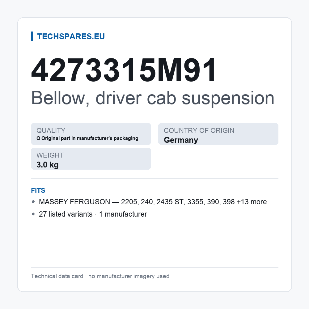Bellow, driver cab suspension 4273315M91 — technical data card