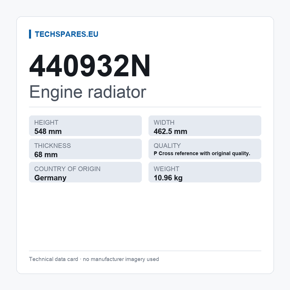 Engine radiator 440932N — technical data card