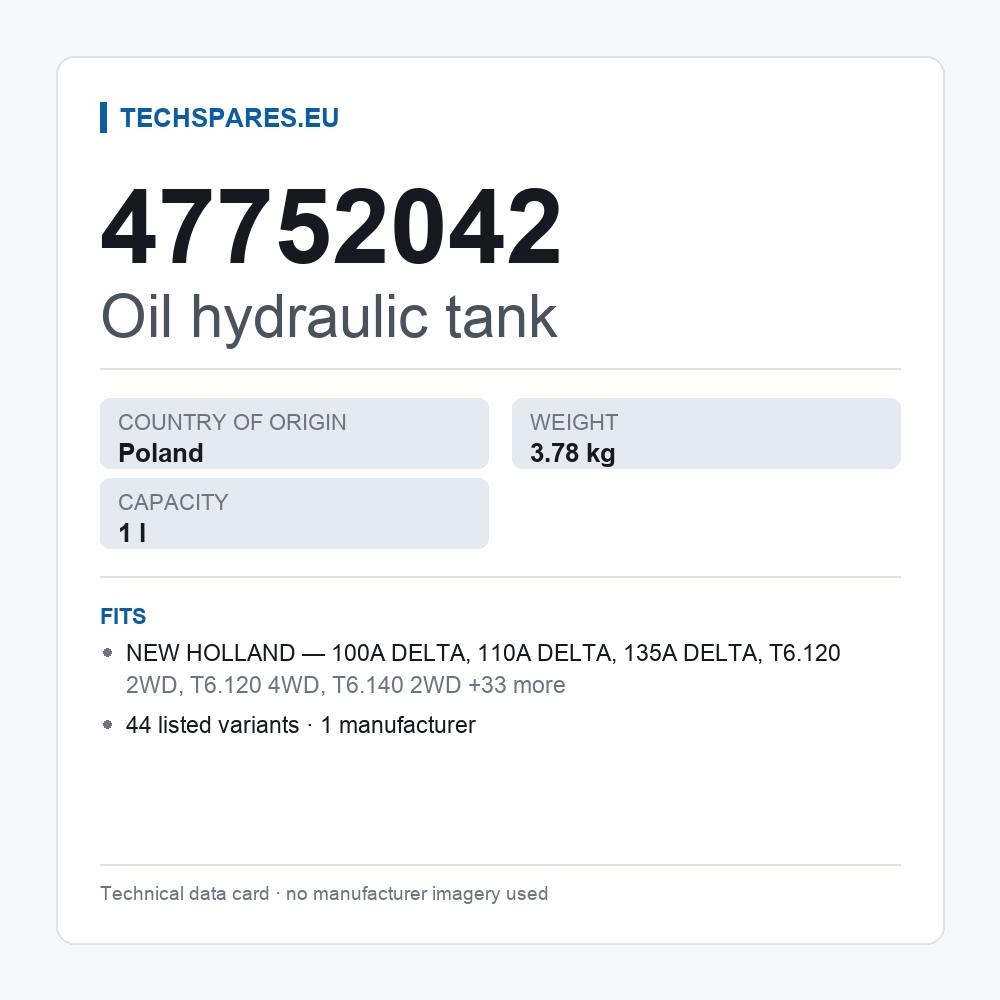 Oil hydraulic tank 47752042 — technical data card