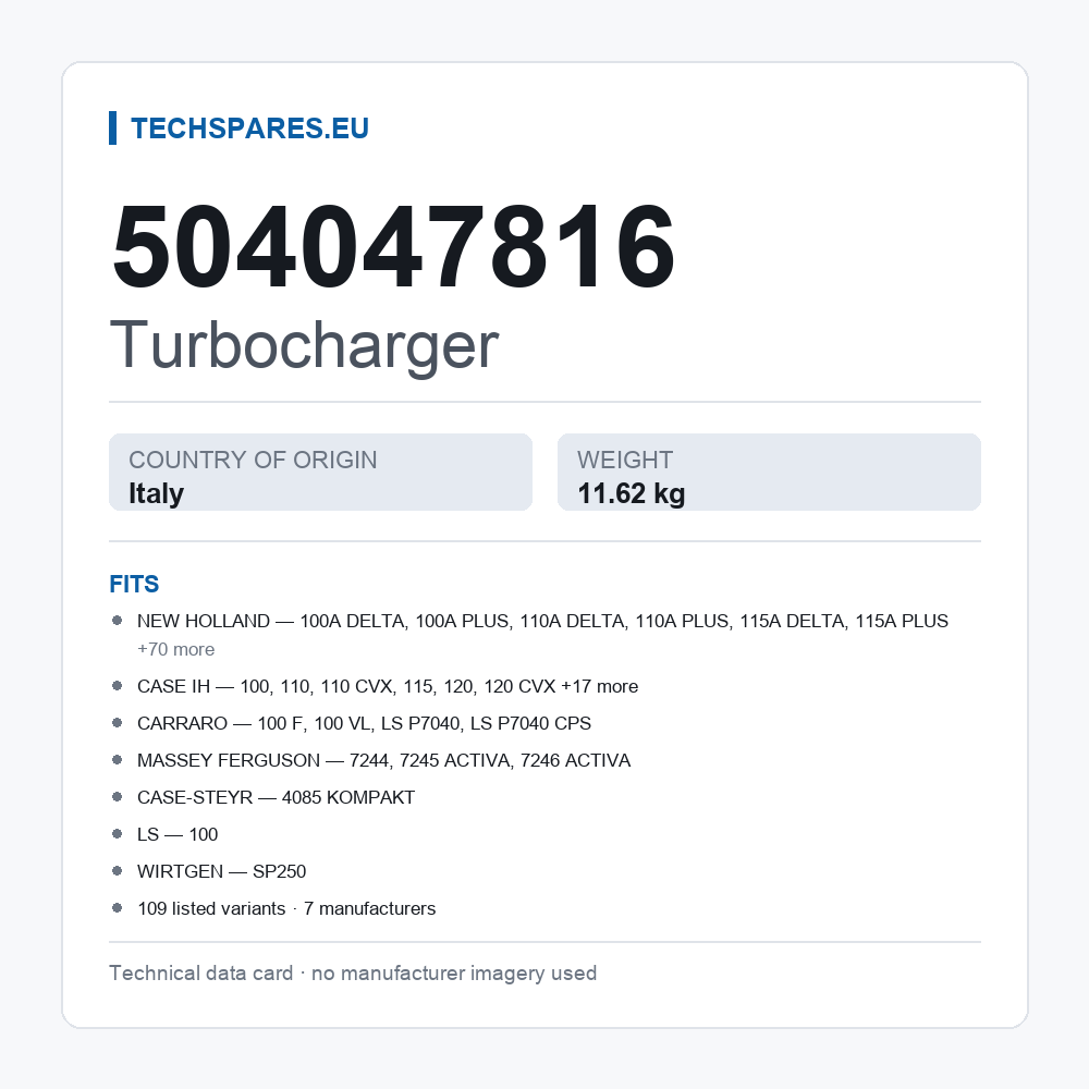 Turbocharger 504047816 — technical data card
