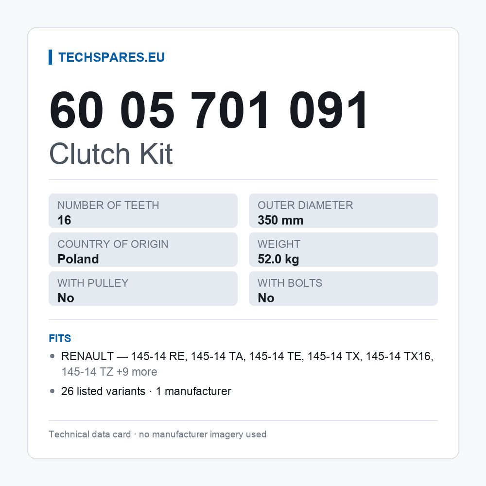 Clutch Kit 60 05 701 091 — technical data card
