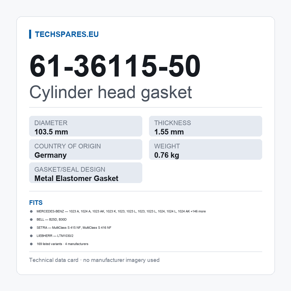Cylinder head gasket 61-36115-50 — technical data card