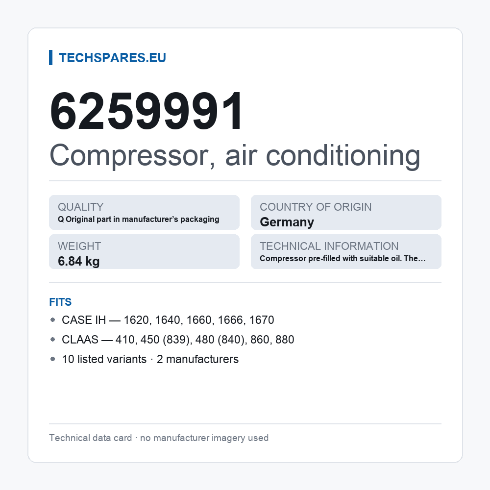 Compressor, air conditioning 6259991 — technical data card