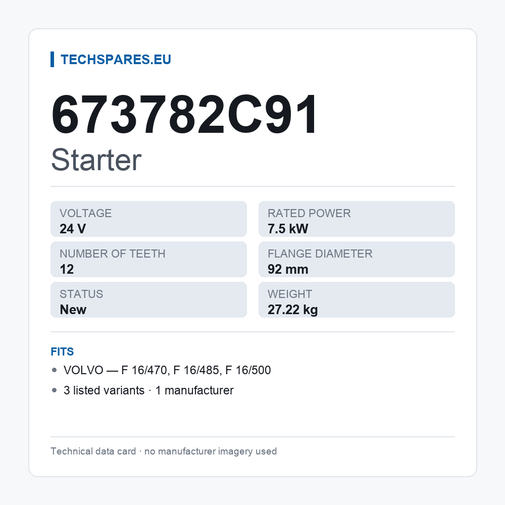 Starter 673782C91 — technical data card